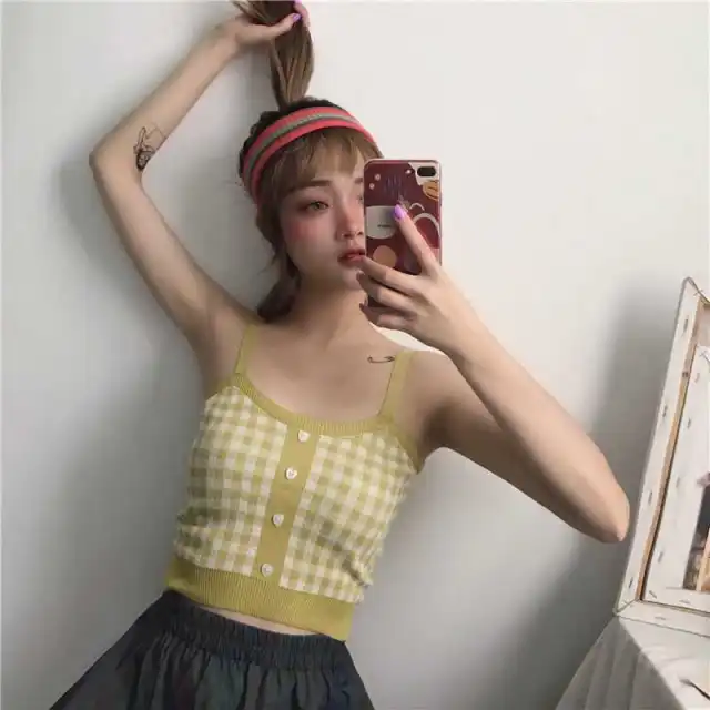 Korean Version Of Style Small Camisole Women'S Bottoming Shirt With Plaid Top Yellow - Shop at LoveMi