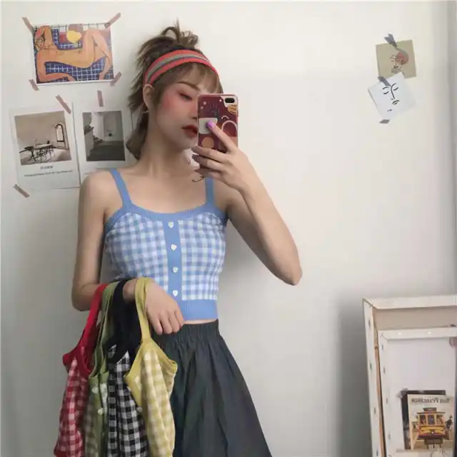 Korean Version Of Style Small Camisole Women'S Bottoming Shirt With Plaid Top Blue - Shop at LoveMi