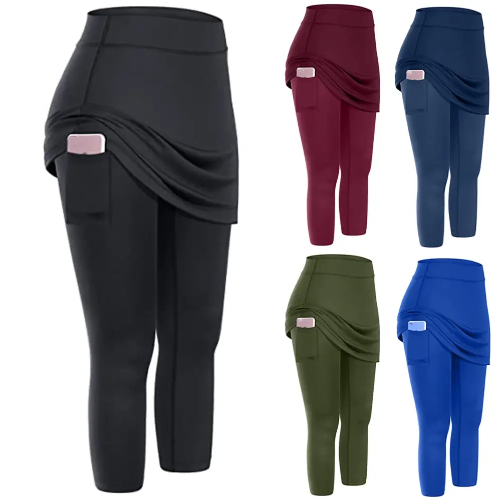 Women Tennis Skirted Leggings Pockets Elastic Sports Yoga Capris