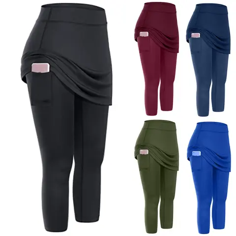 Women Tennis Skirted Leggings Pockets Elastic Sports Yoga Capris