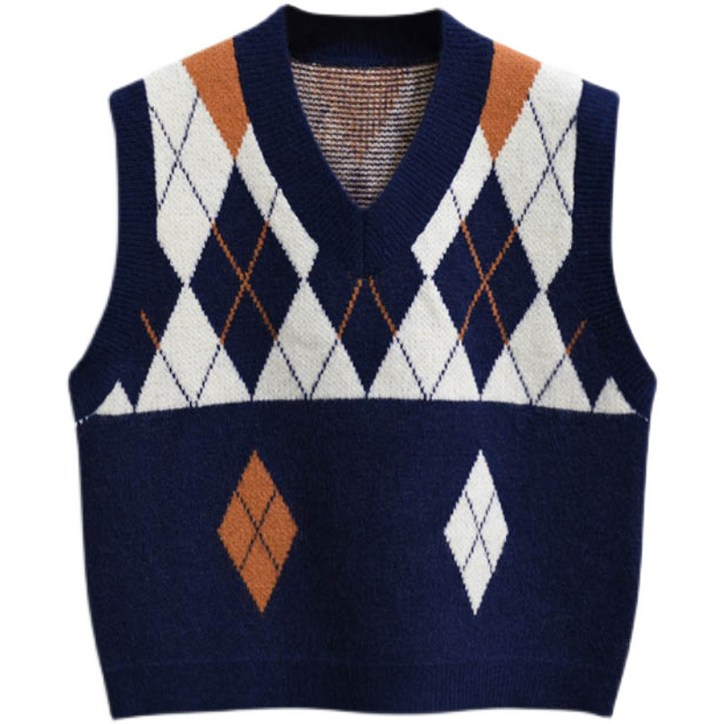 Retro Diamond Knit Vest Women'S Vest Loose Waistcoat Stacking Sweater