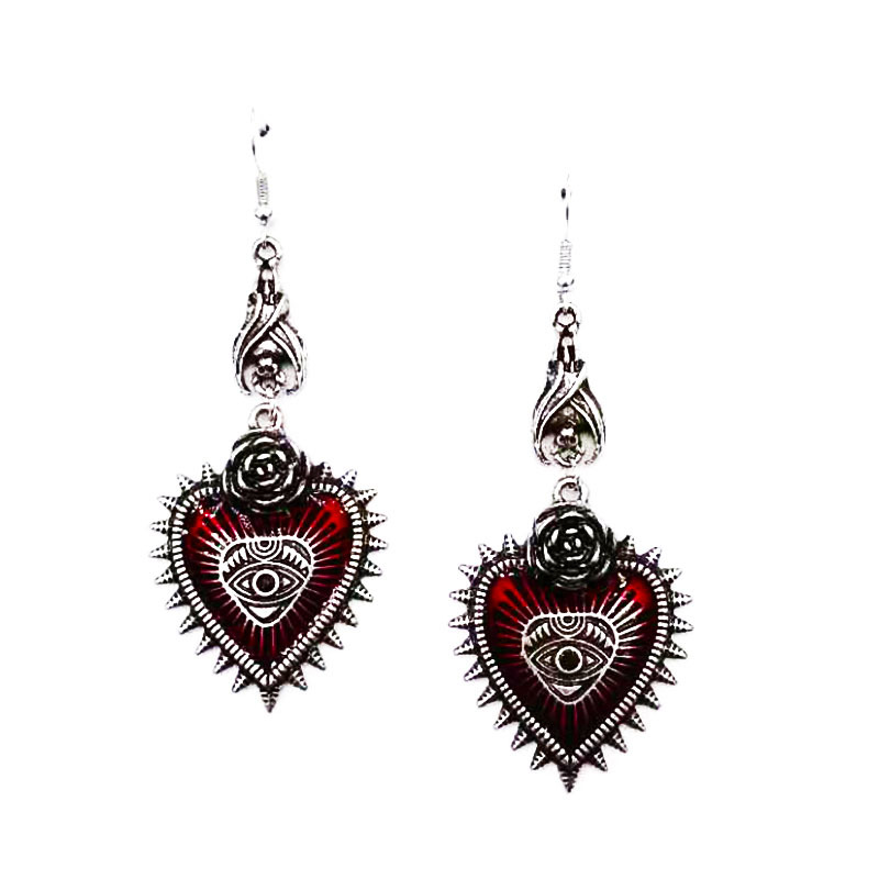 Punk Wind Wild Rose Flower Heart-Shaped Bloody Eyes Drop Oil Bat Earrings Nails