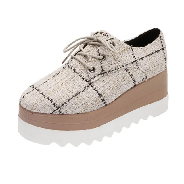 Popular Autumn New Women'S Low Top Shoes Korean Fashion Casual High Heeled Platform With Checkered Flannel Lace Beige - Shop at LoveMi