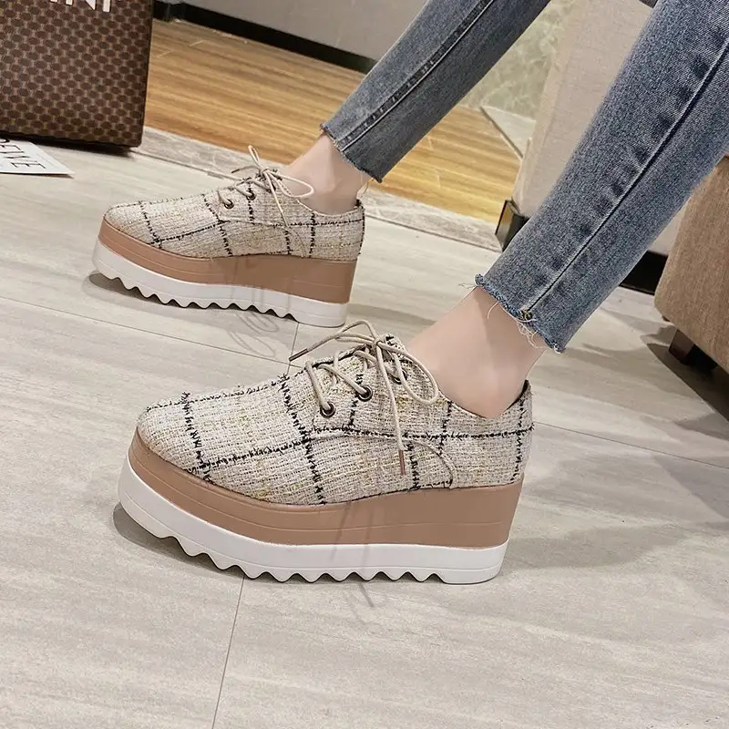 Popular Autumn New Women'S Low-Top Shoes Korean Fashion Casual High-Heeled Platform With Checkered Flannel Lace