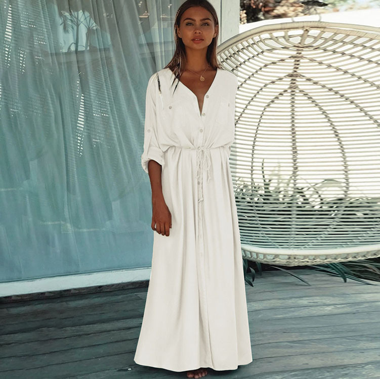 Single-breasted belted gown-style beach sun protection shirt