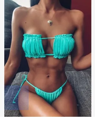 New Trend Fashion Hollow Sexy Bikini Skinny Swimsuit Thickened Thong Beach Bikini Suit Green - Shop at LoveMi