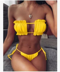 New Trend Fashion Hollow Sexy Bikini Skinny Swimsuit Thickened Thong Beach Bikini Suit - Yellow - View 1