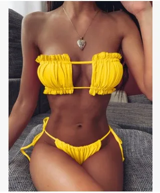 New Trend Fashion Hollow Sexy Bikini Skinny Swimsuit Thickened Thong Beach Bikini Suit Yellow - Shop at LoveMi