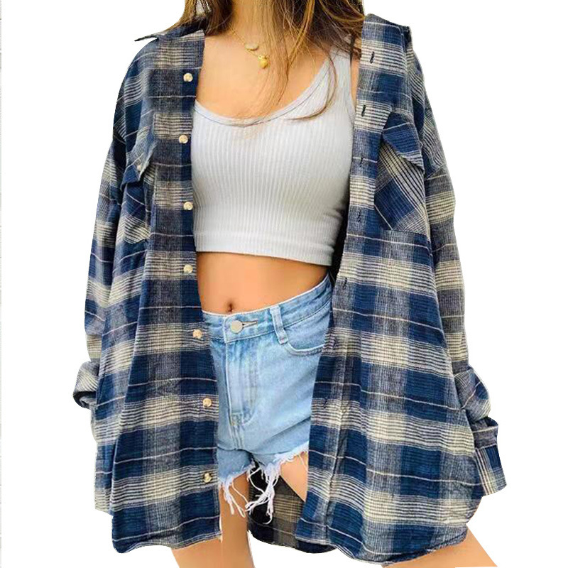 Women's Casual Plaid Cardigan Long Sleeve Mid-Length Jacket