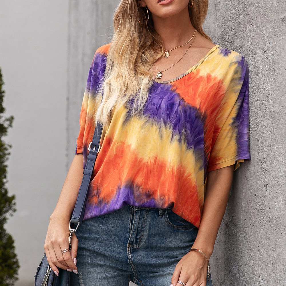 Title 6, Tie-Dye bedrukte kleur losse ronde hals korte m...