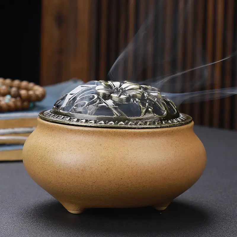 Copper Lid Ceramic Incense Burner Buddha with Antique Alloy Wire