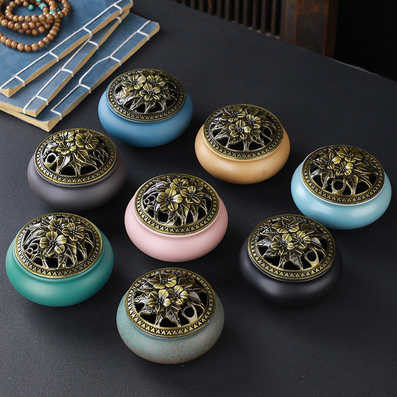Copper Lid Ceramic Incense Burner Buddha with Antique Alloy Wire Incense Burner — foto 6