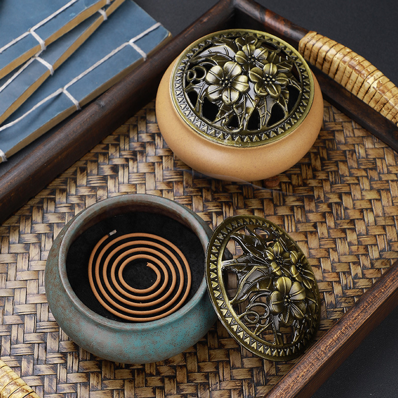 Copper Lid Ceramic Incense Burner Buddha with Antique Alloy Wire Incense Burner — foto 7