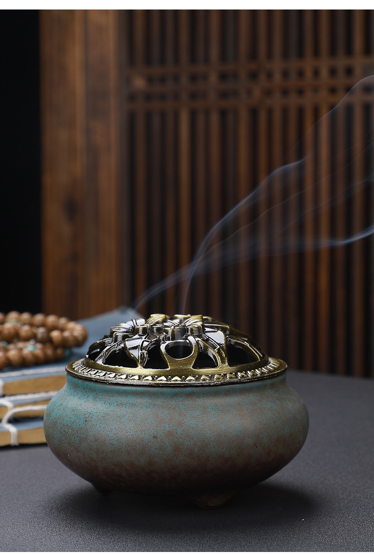 Copper Lid Ceramic Incense Burner Buddha with Antique Alloy Wire Incense Burner — foto 10