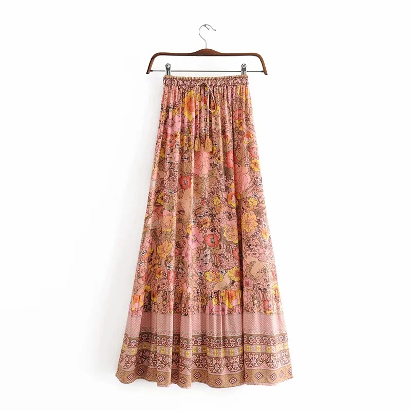 Retro Flower Print Elastic Waist Lace-Up Skirt Seaside Holiday Style Elegant Long Skirt