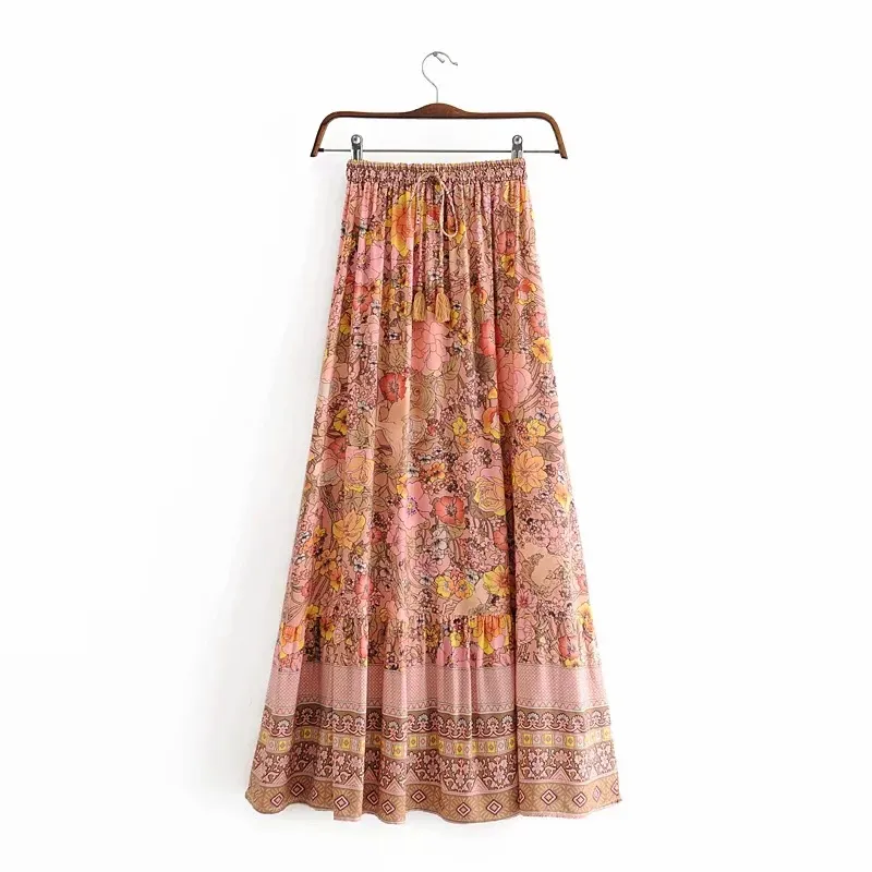 Retro Flower Print Elastic Waist Lace-Up Skirt Seaside Holiday Style Elegant Long Skirt - Yellow