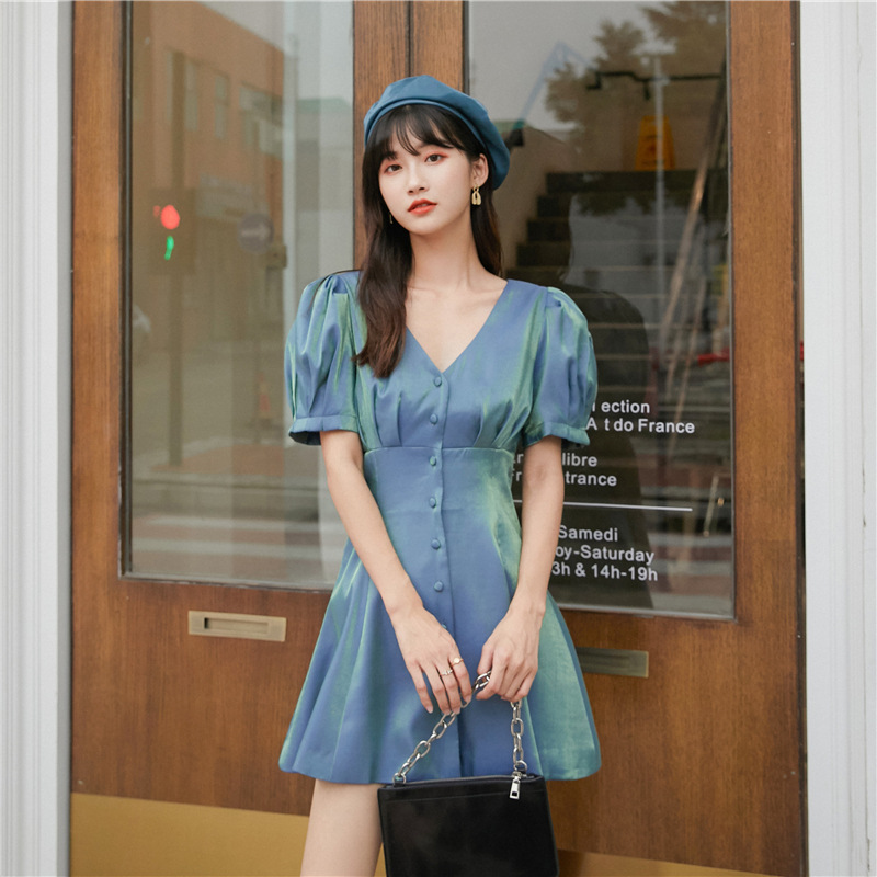 V-Neck, Puff Sleeves, Waist, Thin French Dress