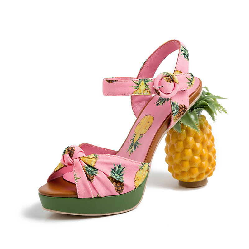Fish Mouth Sandals Color Matching Printed Leather Super High Heels Pineapple Sandals Women