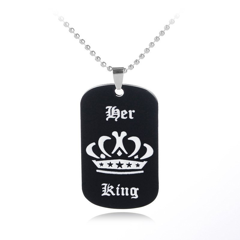 Crown Stainless Steel Couple Lettering Square Necklace