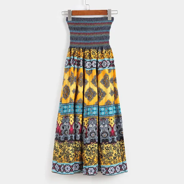 Floral A-Line Women'S Maxi Skirt Elastic High Waist - Yellow