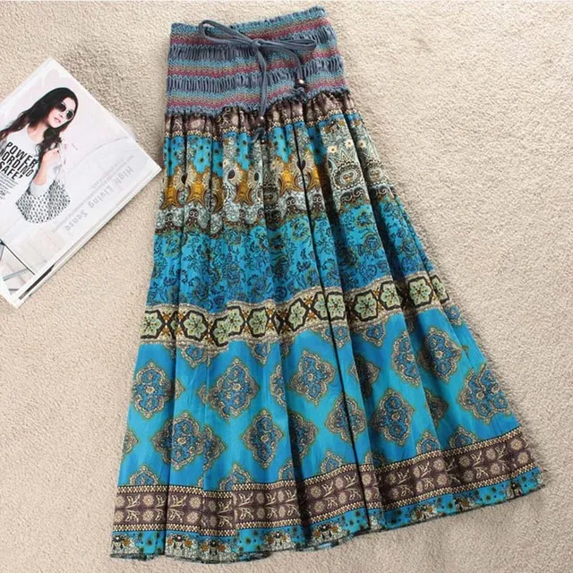 Floral A Line Women'S Maxi Skirt Elastic High Waist Blue - Shop at LoveMi