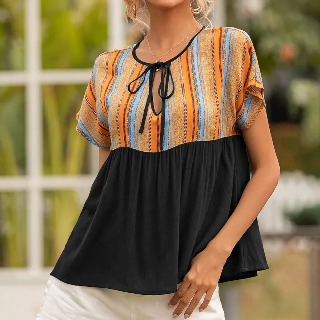 Ethnic Style Neckline Cut Out Tether Short Sleeved Top Black - Shop at LoveMi