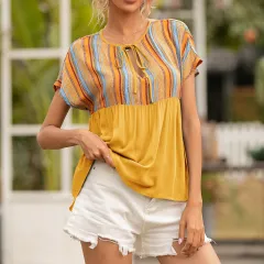 Ethnic Style Neckline Cut-Out Tether Short-Sleeved Top - Yellow - View 1