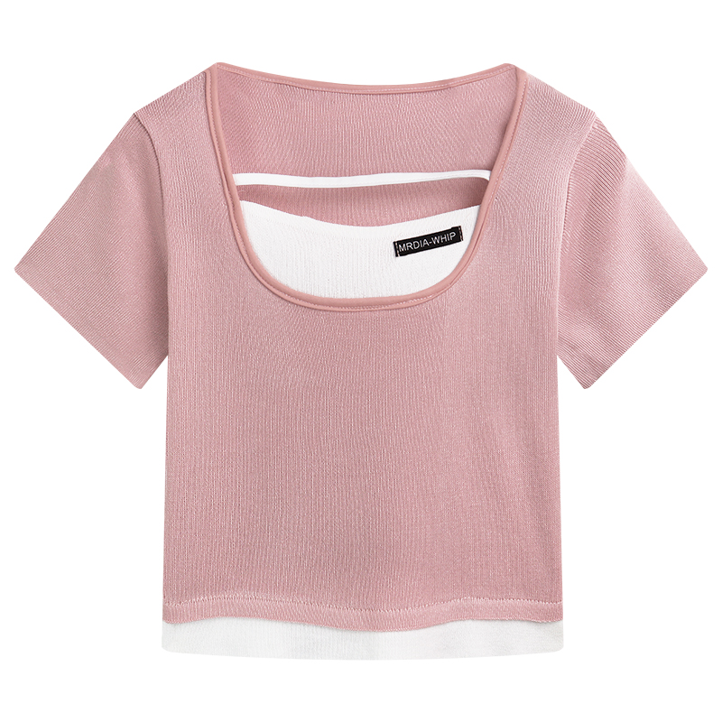 New Ins Fashion Design Feeling Fake Two Short Sleeve T-Shirt Knitted Base Shirt