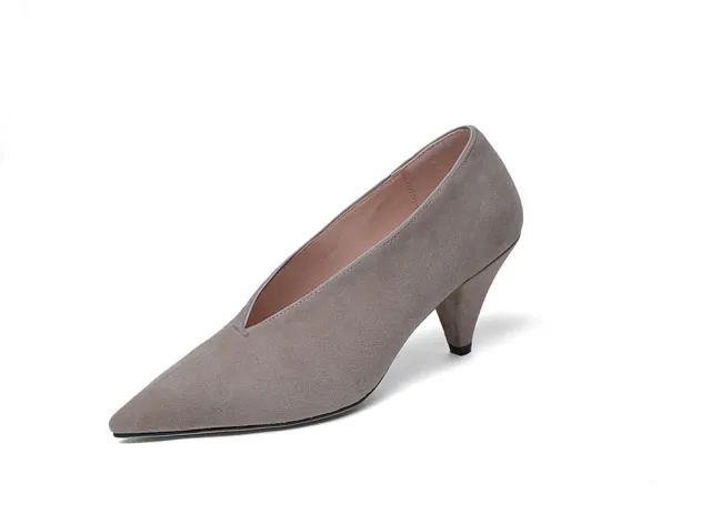 Leather Pointed Toe High Heeled Deep V Mouth Single Shoes Low Top Women'S Shoes Grey - Shop at LoveMi