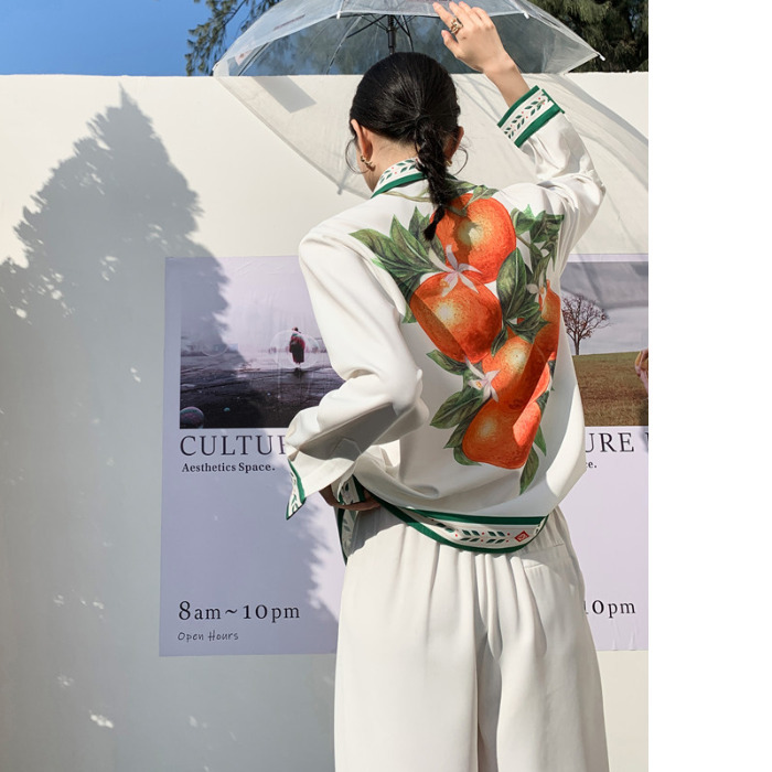 Loose Casual Lazy Style Orange Double-Sided Printed Shirt Women