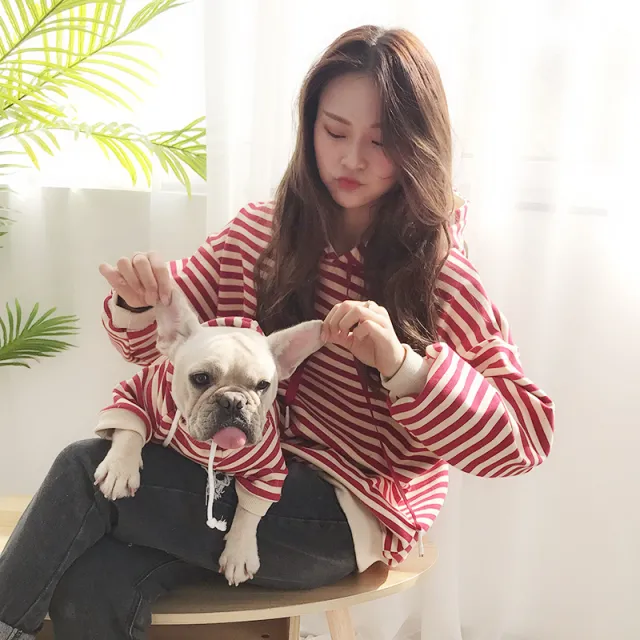 Autumn And Winter Plush Dog Clothing Hooded Pet Parent Child Striped T Shirt Red - Shop at LoveMi