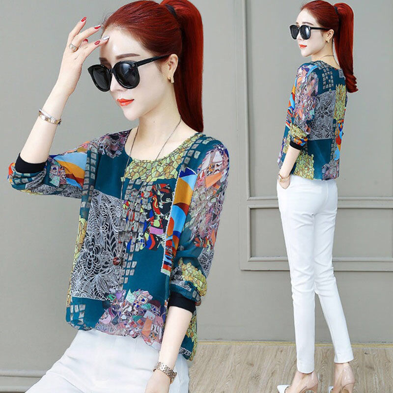 Bottoming Shirt Women Middle-Aged And Elderly Printed Long-Sleeved T-Shirt Women'S Top