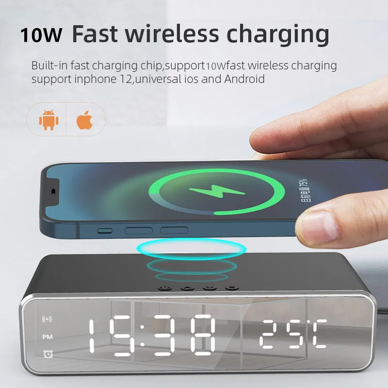 Electric Wireless Phone Charger, Clock, HD Thermometer, Mirror, Clock with Charger – image 2