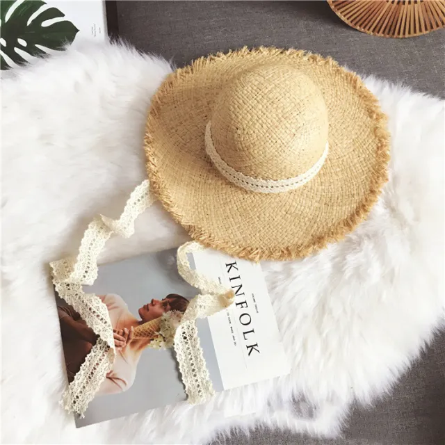 Summer Beach Raffia Black White Ribbon Hat Bow Raffia Hat Temperament Flat Straw Hats Black - Shop at LoveMi
