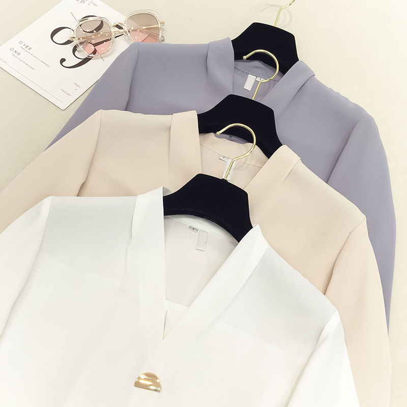 Net Red Spring And Autumn White Shirt Temperament Was Thin Collar Long-Sleeved Loose Solid Color Shirt Female Super Fairy Top