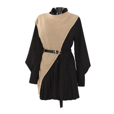 Polo Collar Pleated Hem Dress Irregular Knitting