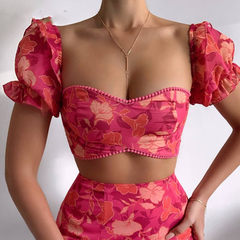 Floral de las mujeres Pom impreso Pom volantes Top y falda conjunto Casual 2 piezas conjunto