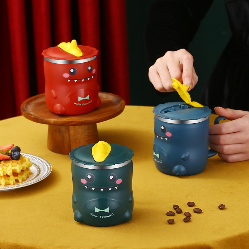 304 Stainless Steel Student Anti-Fall Mug With Lid Straw Children Cartoon Kindergarten Water Cup