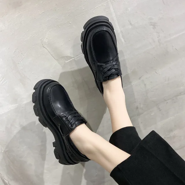 Flats Platform Shoes Sole Chunky Round Toe Beautoday Lace Up Genuine Cow Leather Women Black - Shop at LoveMi