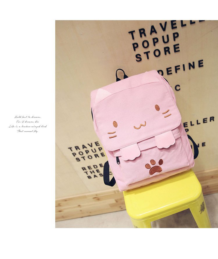 Cat Cartoon Embroidered Canvas Backpack Red - Shop at LoveMi