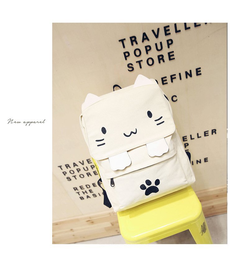 Cat Cartoon Embroidered Canvas Backpack White - Shop at LoveMi