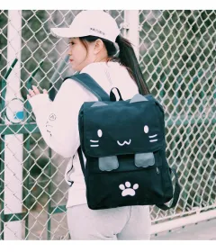 Cat Cartoon Embroidered Canvas Backpack - Black - View 1