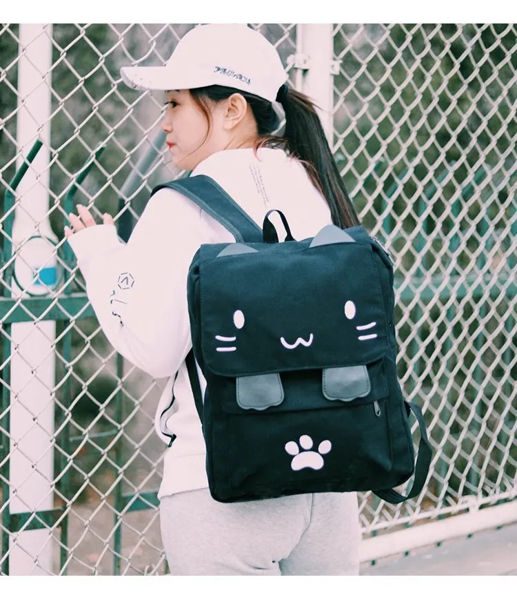 Cat Cartoon Embroidered Canvas Backpack - Black