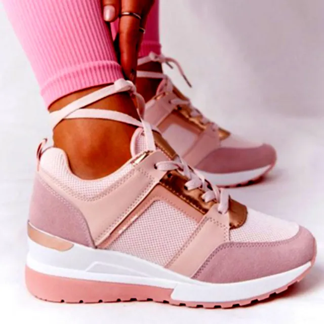 Sneakers Platform Wedge Heel Casual Shoes Lace up Mesh Sneakers Pink - Shop at LoveMi