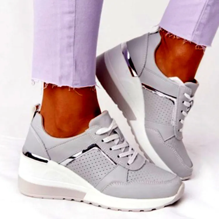 Sneakers Platform Wedge Heel Casual Shoes Lace-up Mesh Sneakers - Grey