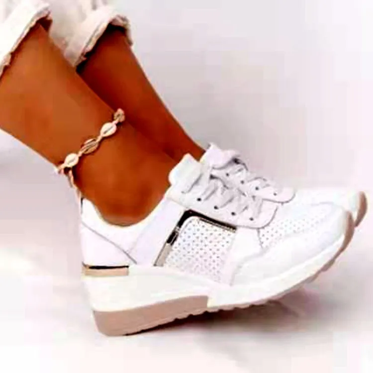 Sneakers Platform Wedge Heel Casual Shoes Lace-up Mesh Sneakers - White