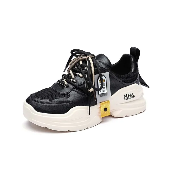 Sneaker Smile Circle Platform Shoes Thick Bottom Flat Breathable Casual Women Ladies Black - Shop at LoveMi
