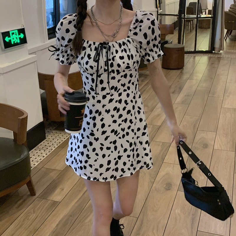 Sweet Dating Dress Can Salt Can Sweet Girl Leopard Print Cute Puff Sleeve Cow Striped Dress