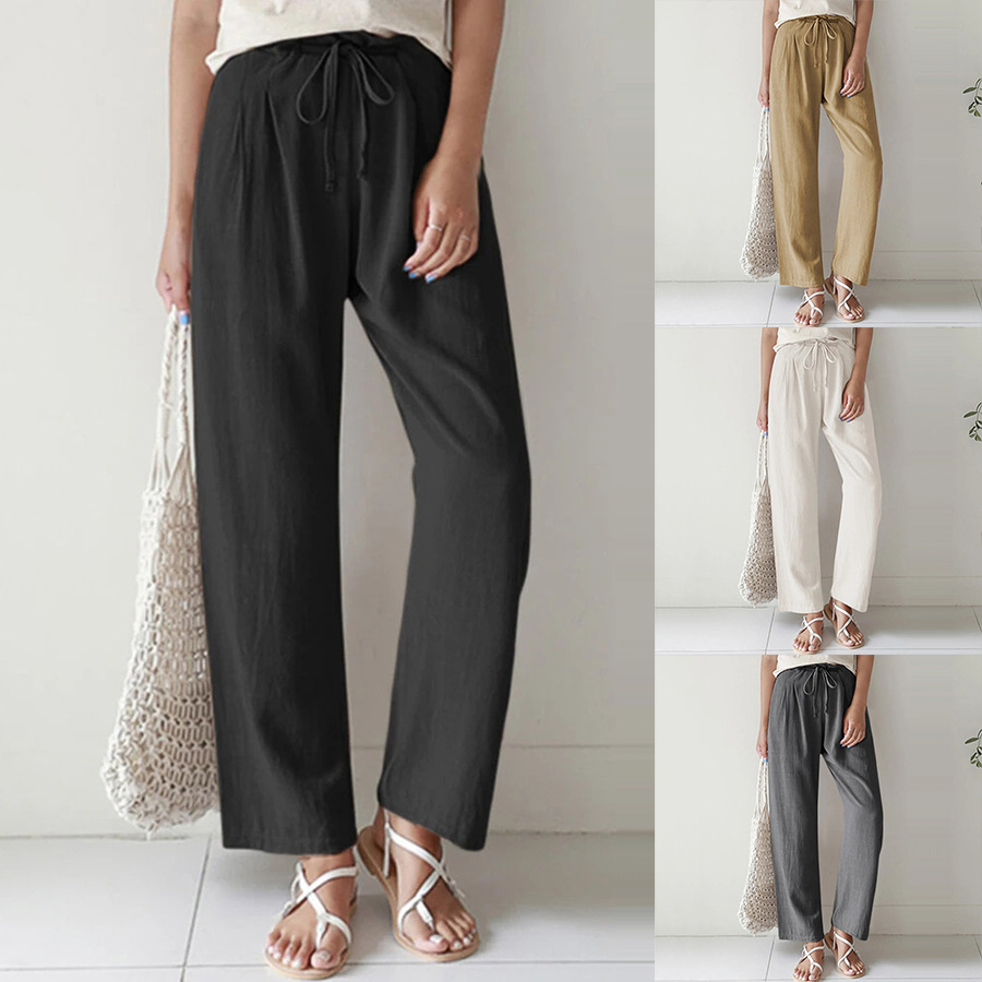 Women's Solid Color Elastic Waist Cotton And Linen Trousers
