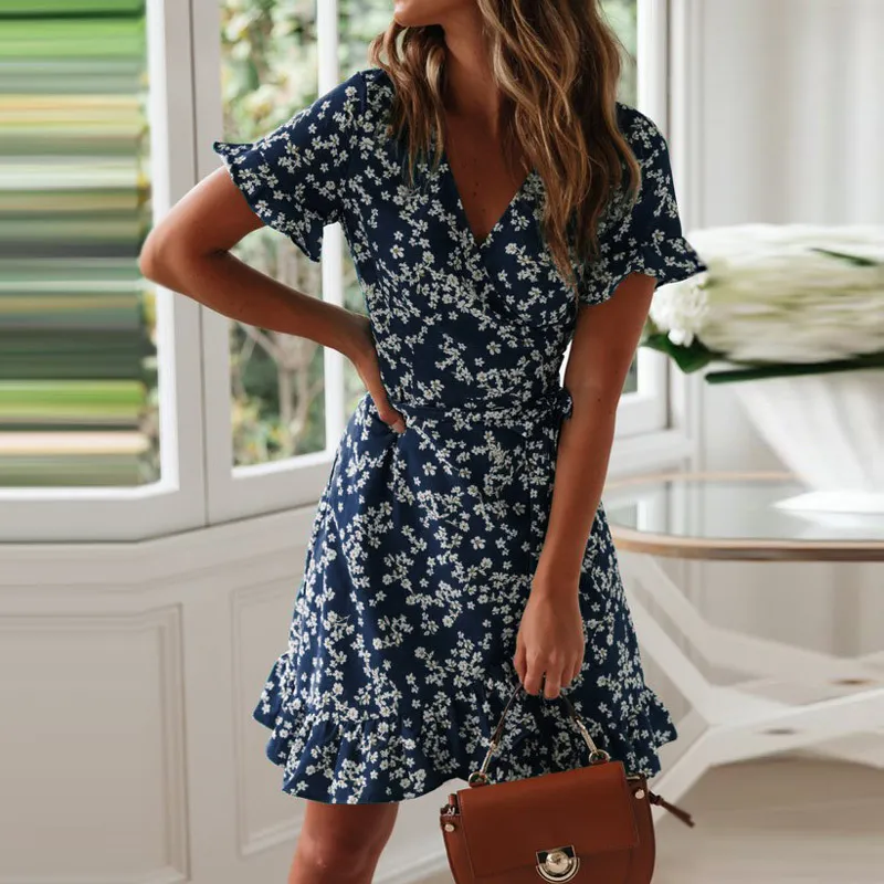 Vacation Floral Short-Sleeved Waist Lace-Up Ruffled One-Piece Chiffon Dress Chiffon Dress - Navy